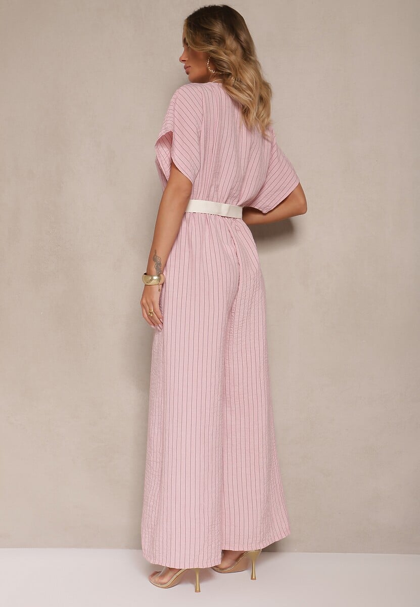 Różowy Kopertowy Kombinezon z Nietoperzowymi Rękawami i Paskiem Tollamira