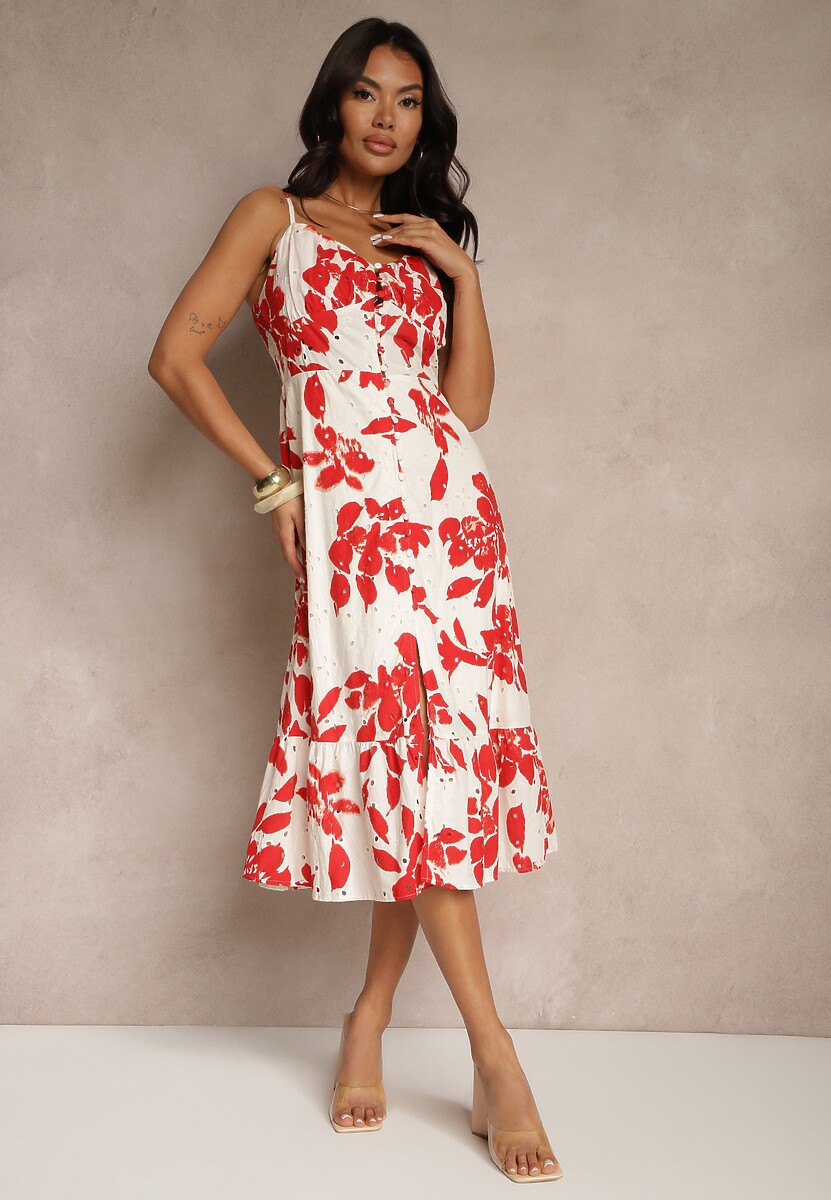 Czerwona Rozkloszowana Sukienka na Ramiączkach z Ażurowej Tkaniny z Bawełny Nitira