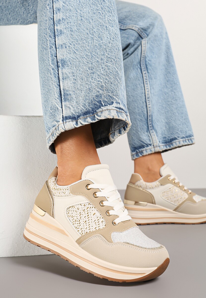 Białe Sneakersy na Koturnie z Geometrycznym Wzorem i Brokatem Tillineira