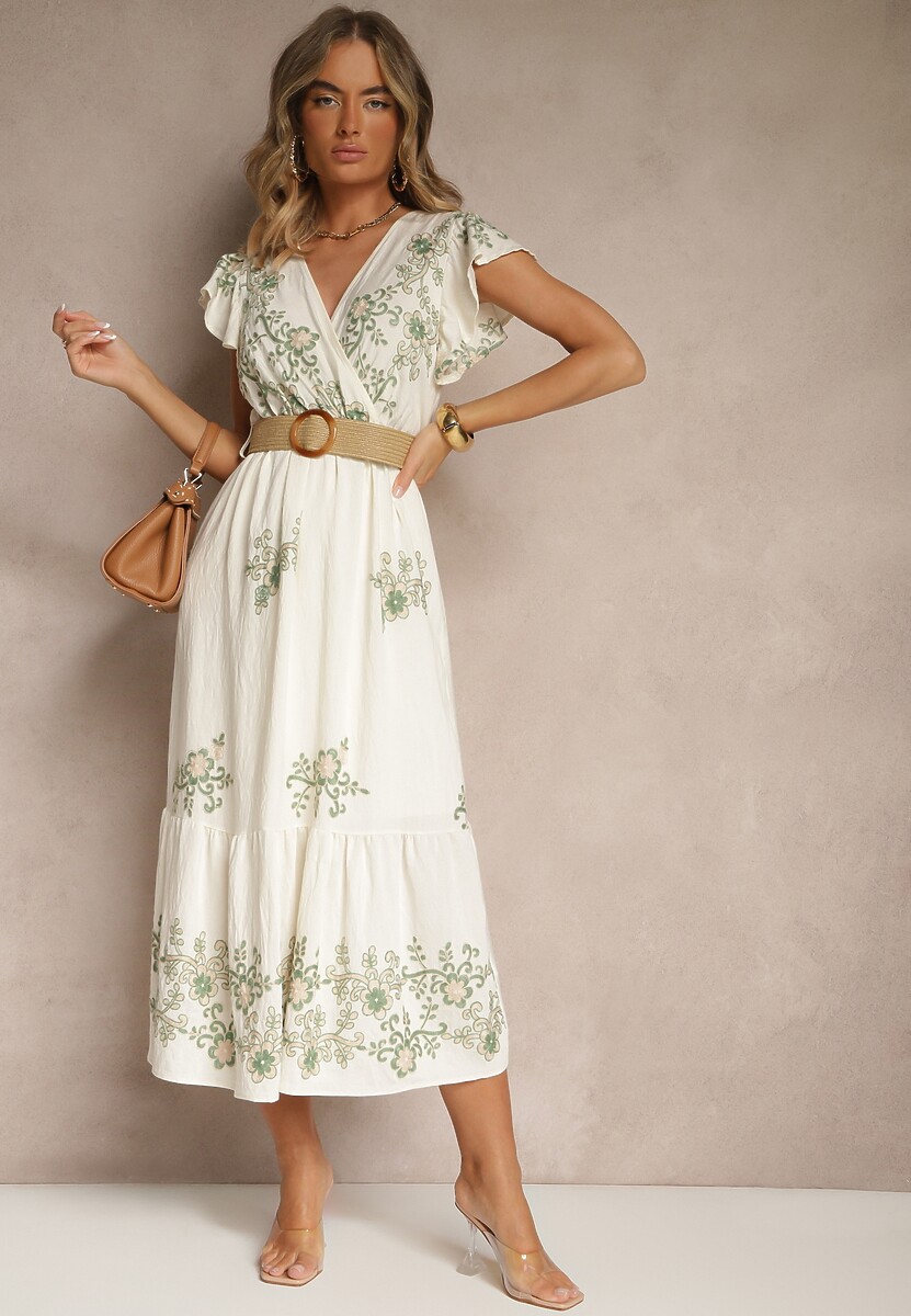 Biało-Zielona Kopertowa Sukienka z Wiskozy Ozdobiona Haftem i Paskiem Nilatea