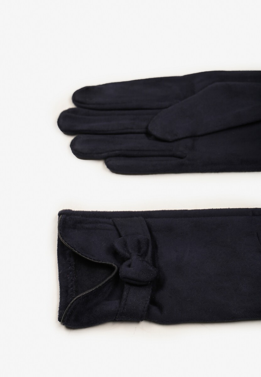 Niebieskie Rękawiczki Dzianinowe z Bawełną Ozdobione Kokardą Tessemi