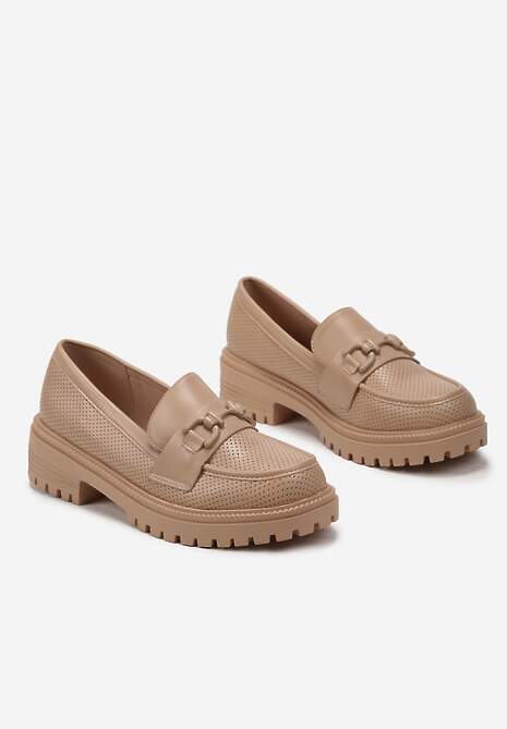Ciemnobeżowe Mokasyny na Płaskim Obcasie z Klamerką i Dziurkowaniem Aielsit