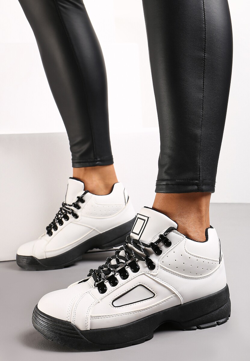 Białe Sneakersy na Grubej Podeszwie z Przeszyciami Junali