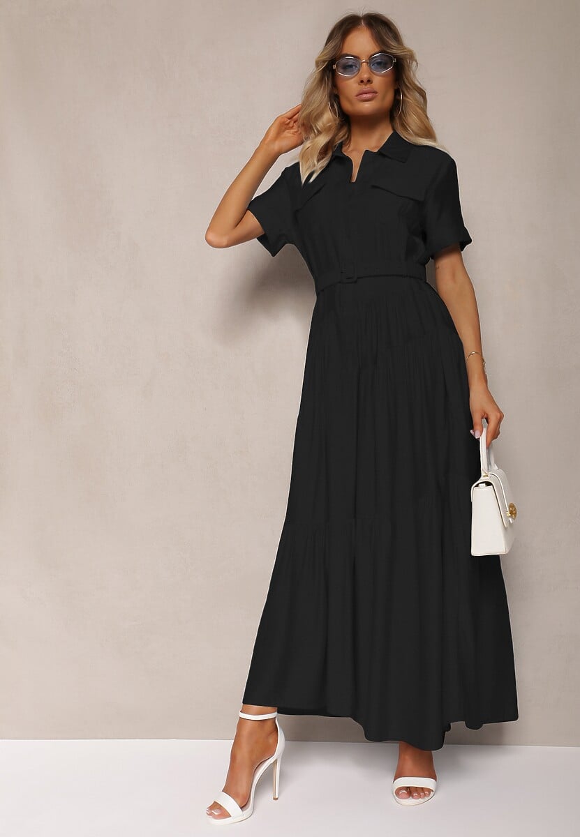 Czarna Rozkloszowana Sukienka z Paskiem w Talii Vimalise