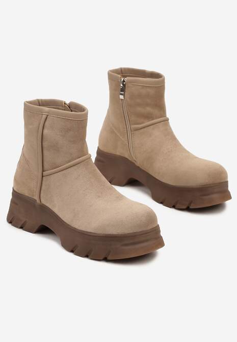 Ciemnobeżowe Ekozamszowe Botki na Grubej Podeszwie Cinzina