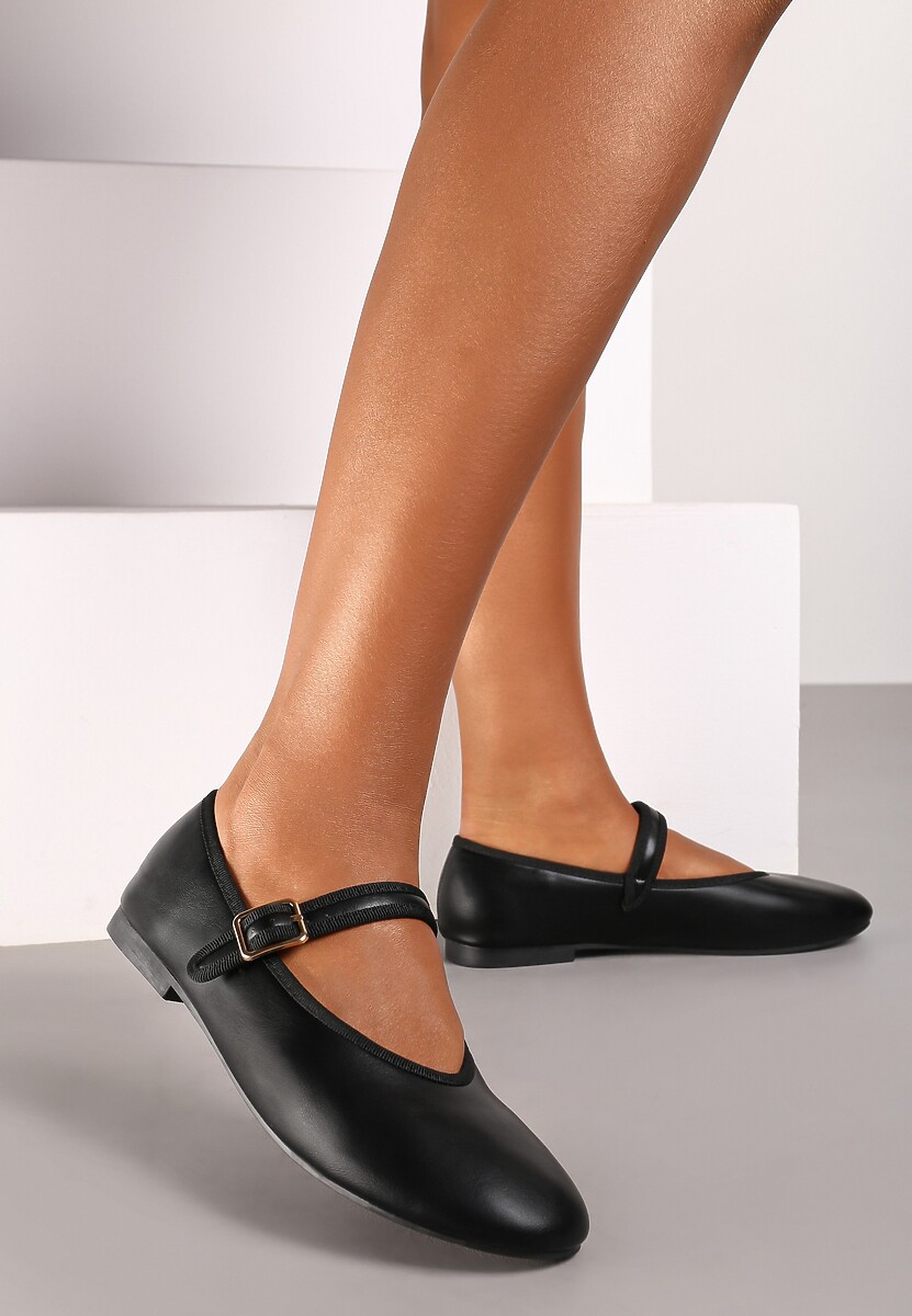 Czarne Balerinki na Płaskiej Podeszwie Zapinane na Sprzączkę Sedela