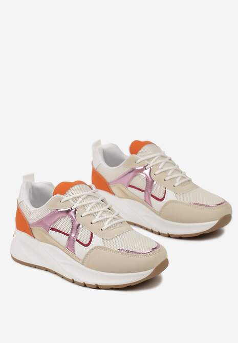 Beżowo-Pomarańczowe Sneakersy na Niskiej Platformie z Ozdobnymi Wstawkami Perforacją i Brokatem Akarine