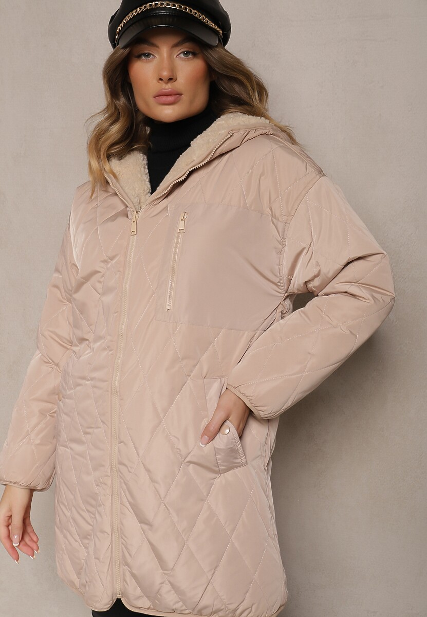 Jasnobeżowa Pikowana Kurtka Dwustronna z Futrem i Kapturem Emalira