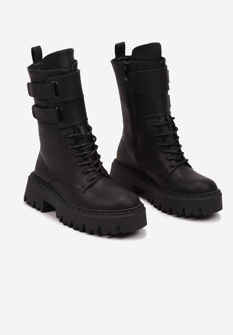 Czarne Botki na Platformie w Stylu Workerów Ozdobione Paskami na Rzep Sairona