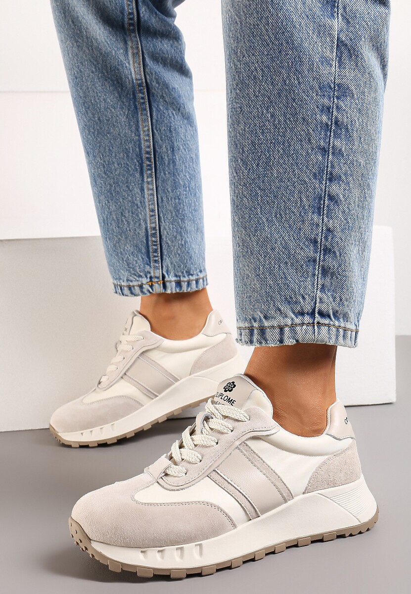 Beżowe Klasyczne Sneakersy ze Skóry Naturalnej Goteria