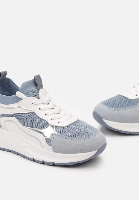 Niebieskie Sznurowane Sneakersy na Grubej Podeszwie z Błyszczącymi Wstawkami Nithirela