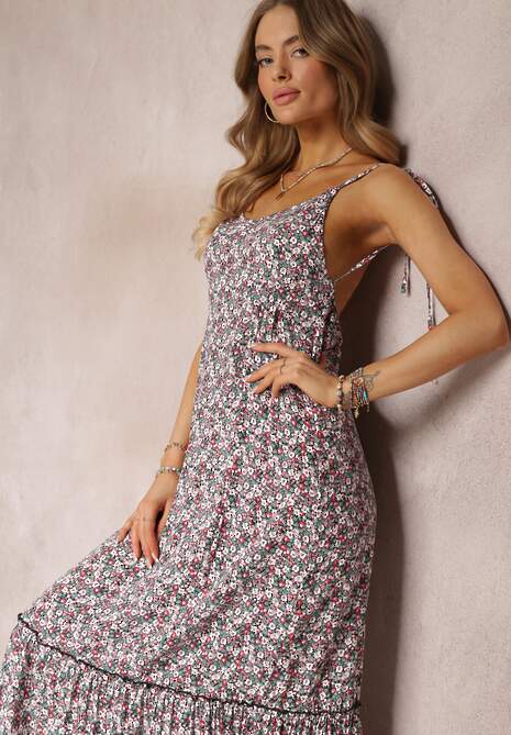 Zielono-Biała Sukienka Maxi z Wiązanymi Ramiączkami i Falbanką na Dole Krosby