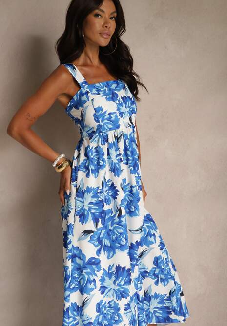 Niebieska Sukienka z Wiskozą o Rozkloszowanym Kroju z Kwiatami Nilestra