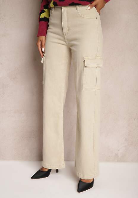 Jasnobeżowe Jeansy Cargo High Waist z Kieszeniami Anora
