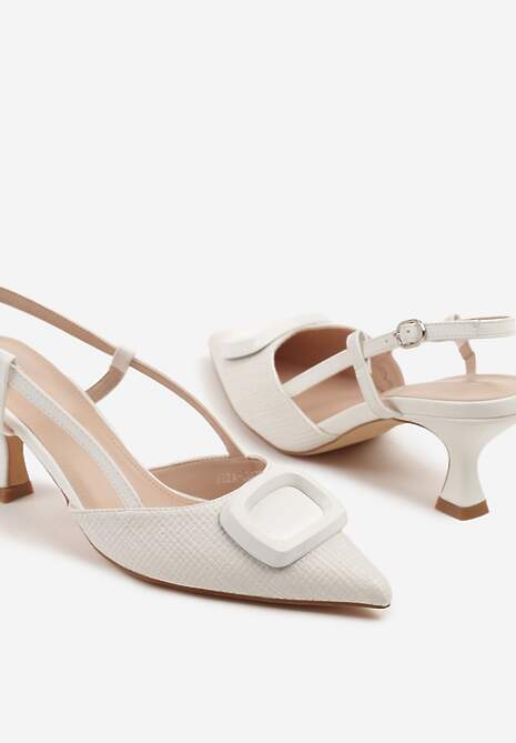 Białe Sandały Tweedowe na Kaczuszce Slingback Ozdobione Aplikacją Rosaviela