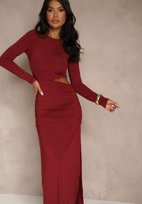Bordowa Dopasowana Sukienka Maxi z Ozdobnym Wycięciem w Talii Driselda