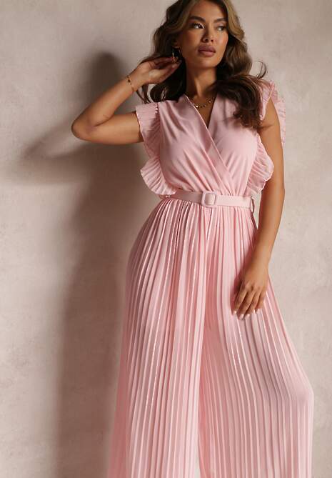 Różowy Plisowany Kombinezon z Falbankami i Szerokimi Nogawkami Jarina