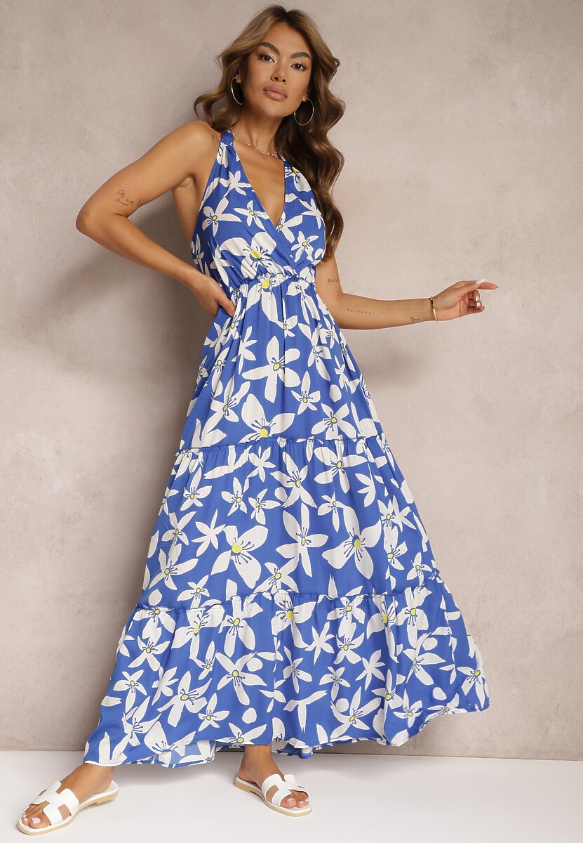 Granatowo-Biała Sukienka z Kopertowym Dekoltem i Gumką w Talii Wiązana na Szyi Vikillaia