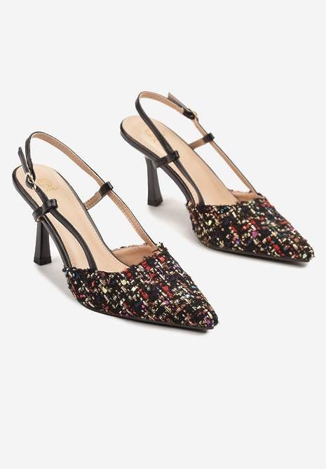 Czarne Tweedowe Szpilki Typu Slingback z Noskiem w Szpic Binea