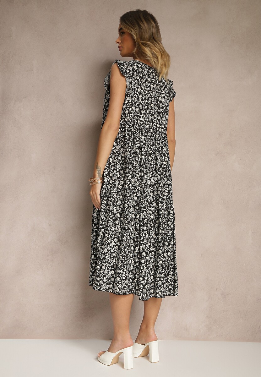 Czarna Rozkloszowana Sukienka z Bawełny z Dekoltem w Serek Zdobiona Falbanami Iffilara