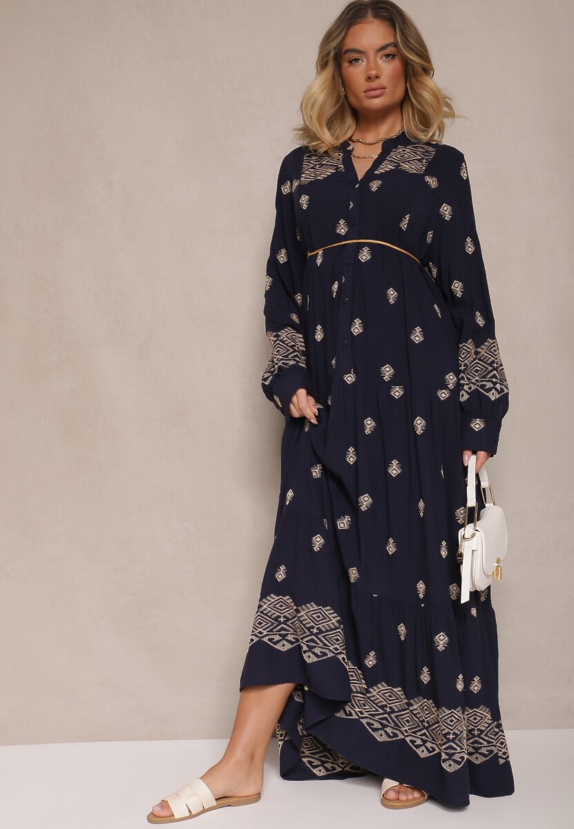 Niebieska Rozkloszowana Sukienka Ozdobiona Haftem i Wzorem Boho Ronavere