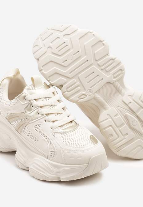 Beżowe Sneakersy na Platformie z Tłoczeniem i Metaliczną  Ozdobą Alarella