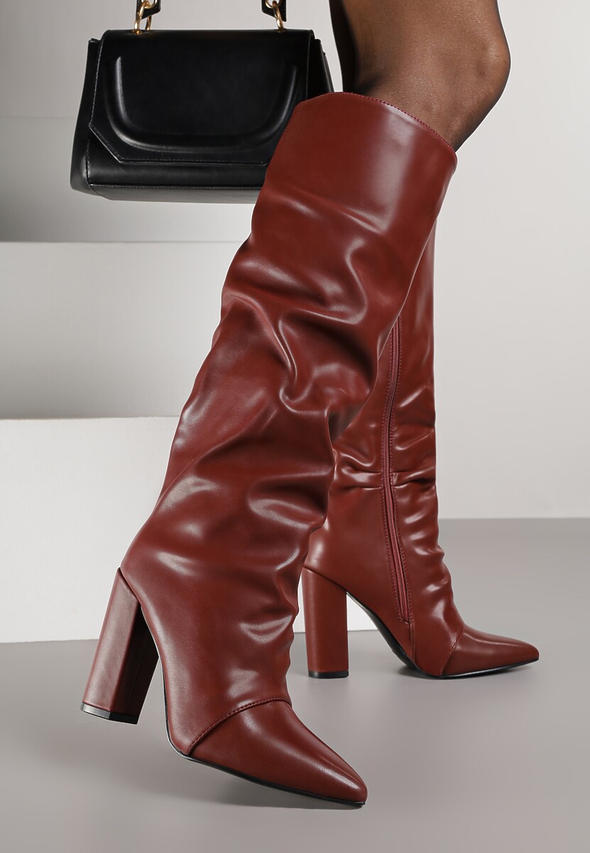 Bordowe Marszczone Kozaki na Słupkowym Obcasie z Noskiem w Szpic Badara