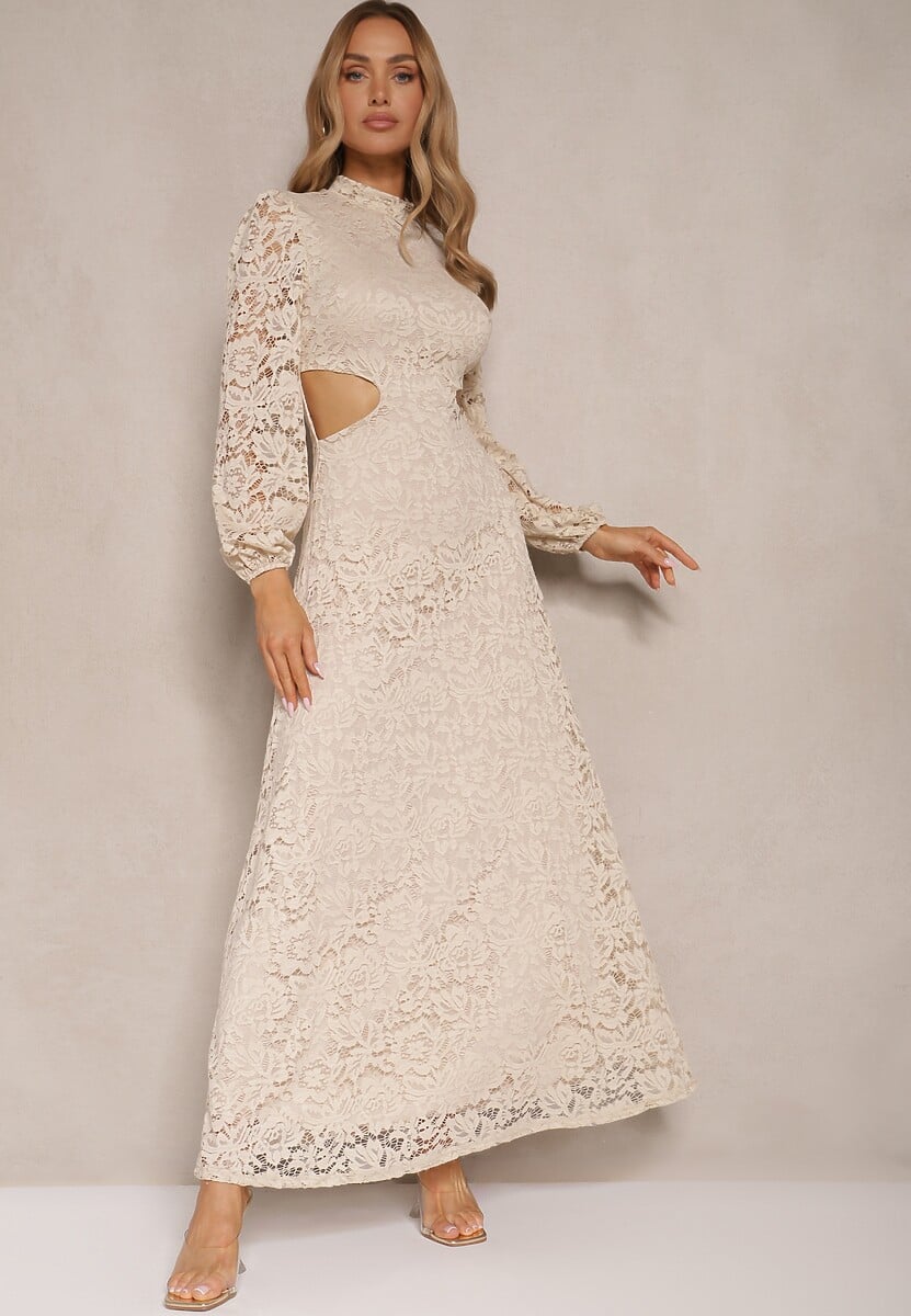 Beżowa Koronkowa Koktajlowa Sukienka o Rozkloszowanym Kroju z Odkrytymi Plecami Felillia