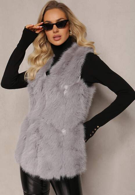 Szara Futrzana Kamizelka z Wstawkami z Ekoskóry Lewja