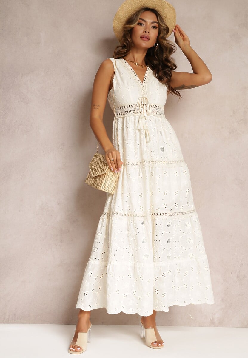Beżowa Bawełniana Sukienka Maxi z Haftowanej Tkaniny Jive