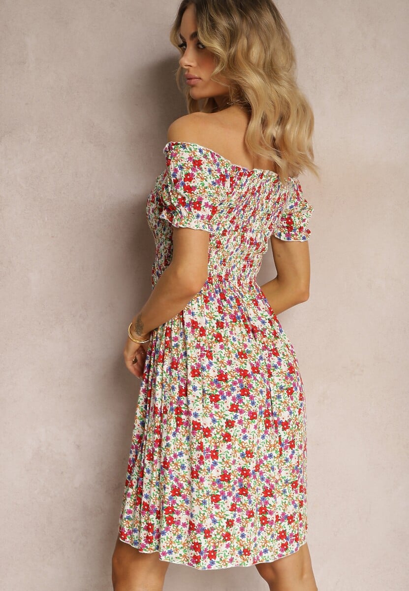 Biało-Różowa Hiszpanka Sukienka z Wiskozy w Kwiatowy Wzór z Gumką w Pasie Silemia