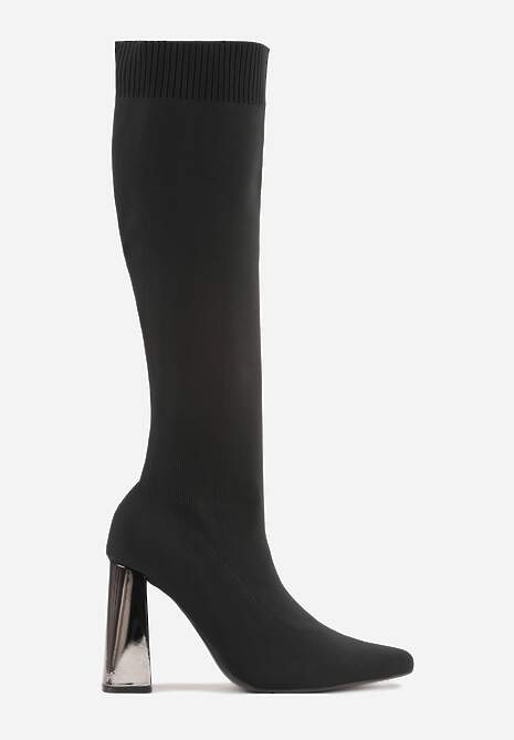 Czarne Skarpetkowe Kozaki Vices na Słupku z Metalicznym Połyskiem Tuvitte