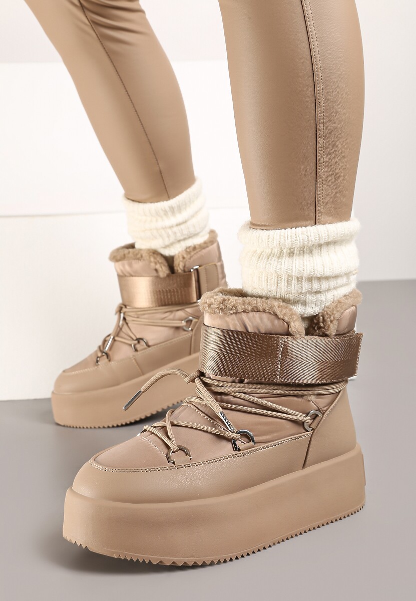 Czarne Śniegowce na Wysokiej Platformie z Futerkiem i Zapięciem na Rzep Norielia