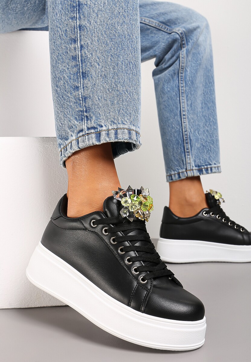 Czarne Sneakersy z Kolorowymi Kryształami na Platformie Dolapse