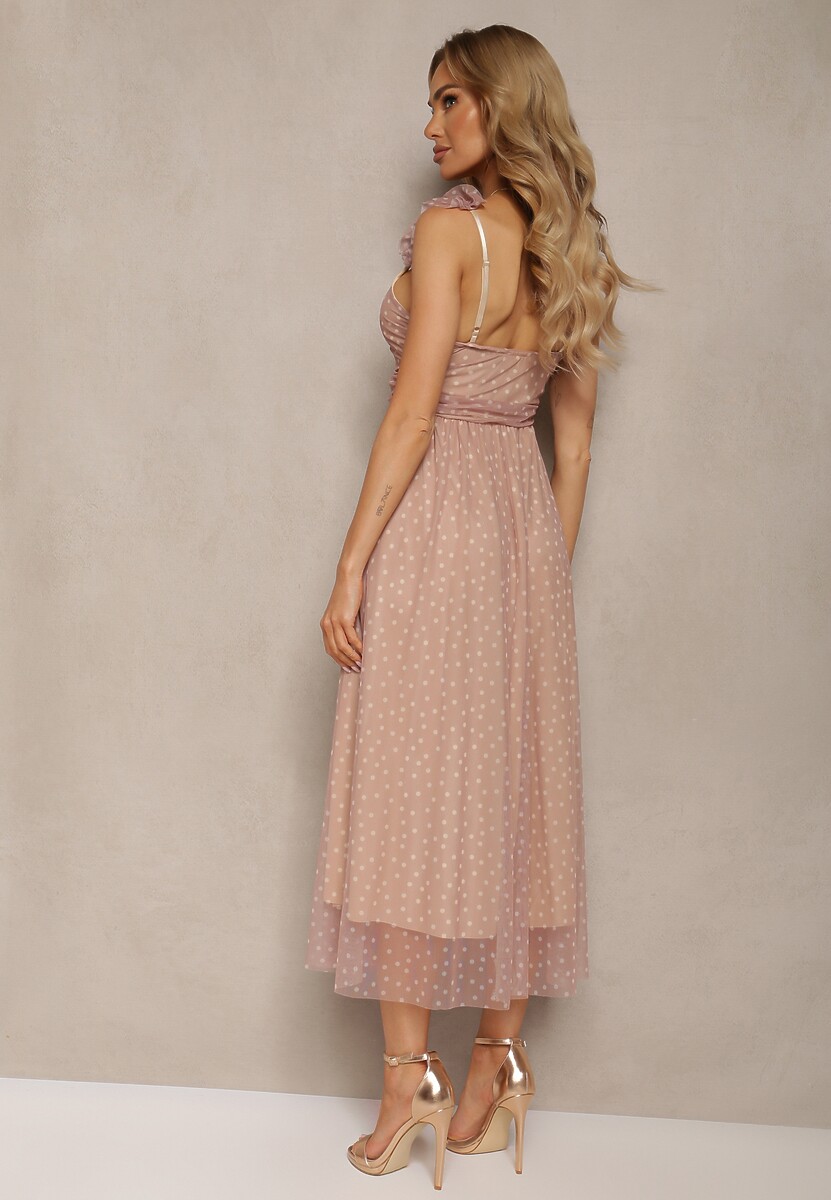 Ciemnoróżowa Sukienka Rozkloszowana na Cienkich Ramiączkach z Gumką w Pasie i Tiulem Cevalla