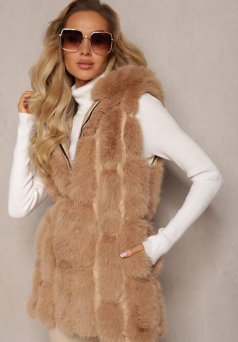 Ciemnobeżowa Futrzana Kamizelka z Kapturem Konessa