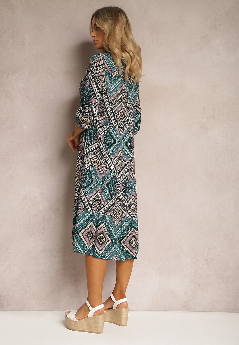 Czarno-Niebieska Koszulowa Sukienka z Bawełnianej Tkaniny z Mozaikowym Wzorem Tesahina