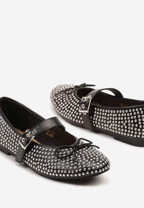 Czarne Balerinki Mary Jane Ozdobione Kokardą i Cyrkoniami Lurisellia