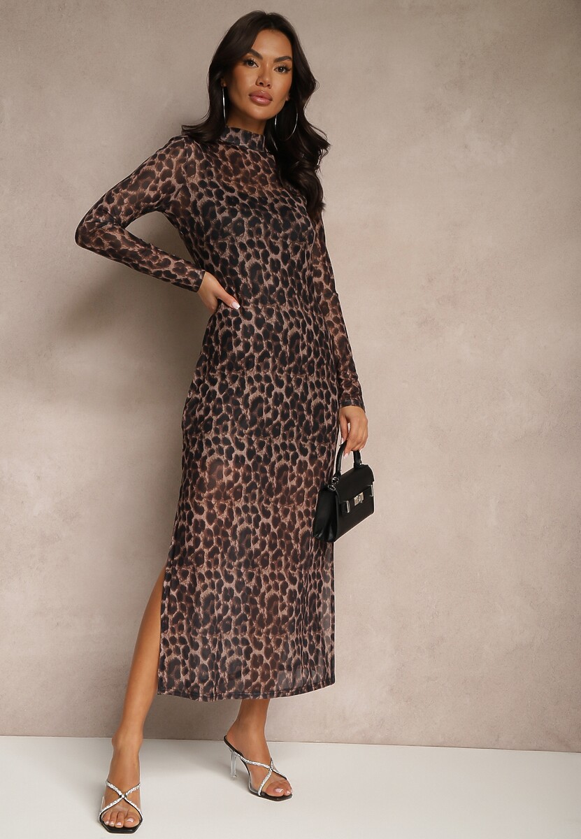 Brązowa Panterkowa Sukienka Siateczkowa z Wiskozą o Dopasowanym Kroju Nalandra