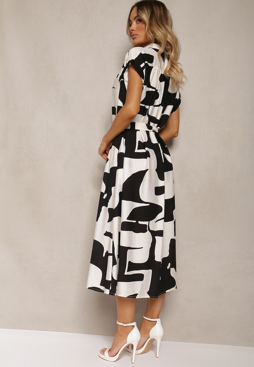 Czarno-Biała Sukienka o Koszulowym Kroju z Materiałowym Paskiem w Talii w Kolorowy Print Hilefia