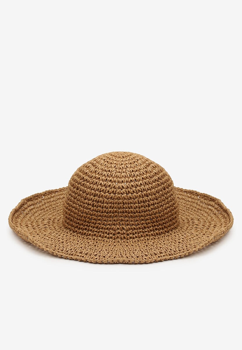 Ciemnobeżowy Casualowy Pleciony Kapelusz z Szerokim Usztywnianym Rondem Recere