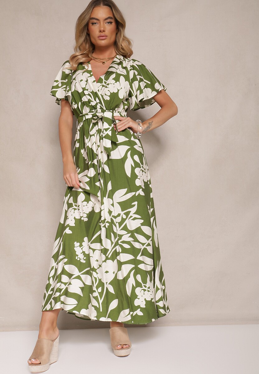 Niebieska Wiskozowa Sukienka Rozkloszowana w Kwiaty z Paskiem Flornelia