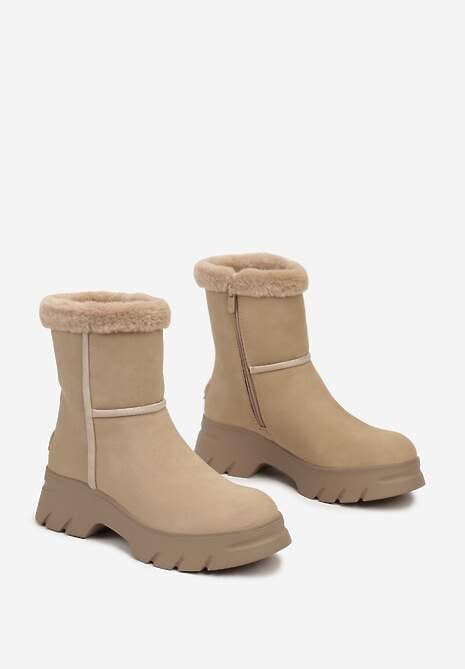 Beżowe Śniegowce na Niskiej Platformie z Ozdobnym Futerkiem Revianna