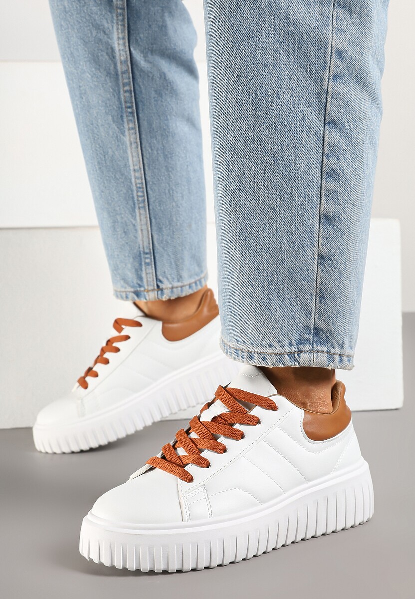 Biało-Brązowe Sneakersy na Platformie Ozdobionej Tłoczonej Zdivona