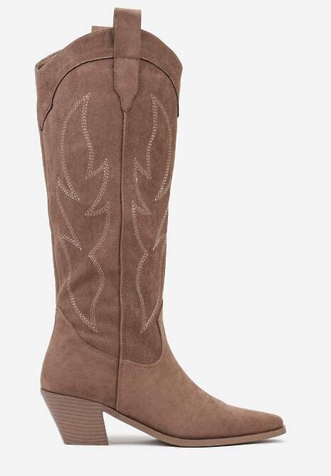 Ciemnobeżowe Haftowane Kozaki Kowbojki na Stożkowym Obcasie Galianna