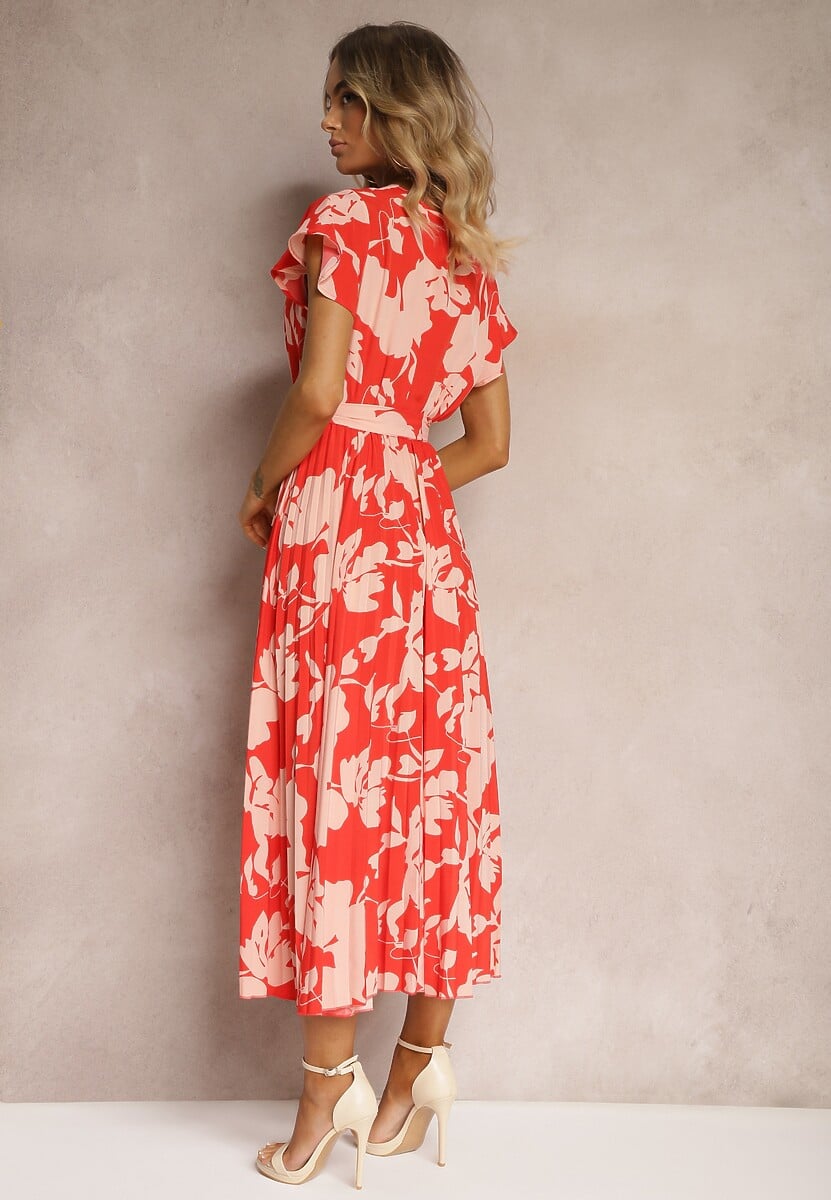 Czerwona Kopertowa Plisowana Sukienka Koktajlowa z Gumką i Paskiem w Talii Benelsea