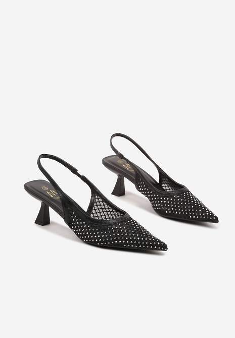 Czarne Sandały na Kaczuszce Slingback z Siateczkową Cholewką Ozdobione Cyrkoniami Vilfitis