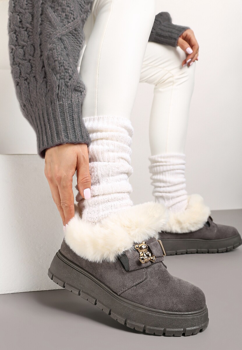 Szare Śniegowce na Platformie z Metaliczną Ozdobą i Futerkiem Mazizia