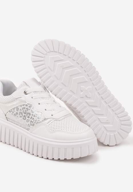 Białe Sneakersy na Platformie z Tłoczeniami Zdobione Panterkowym Printem Herraza