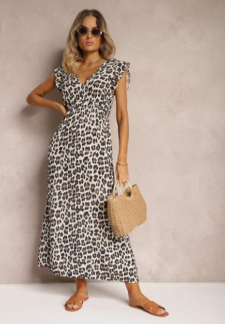 Brązowo-Beżowa Sukienka Boho z Bawełny Ozdobiona Wiązaniem Carivia